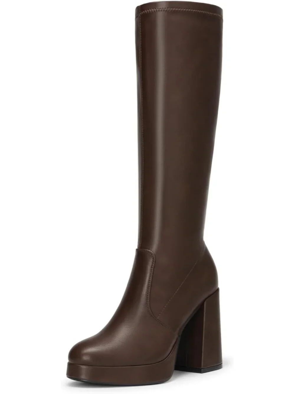 Women's Brown Chunky Platform Heel Round Toe Side Zipper Knee High Boots
